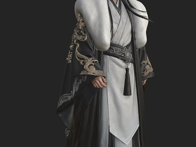 Man In Traditional Black And White Costume With Golden Dragon Embroidery And Fur Collar 3d model