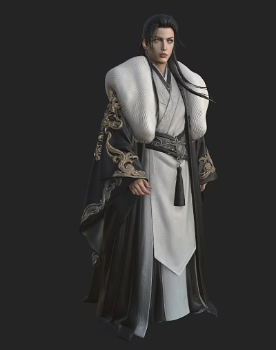 Man In Traditional Black And White Costume With Golden Dragon Embroidery And Fur Collar 3d model