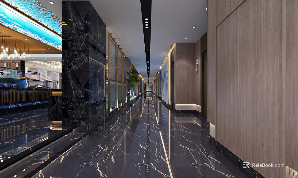 Elegant Hotel Corridor Interior With Polished Marble Floor And Modern Lighting 3d model