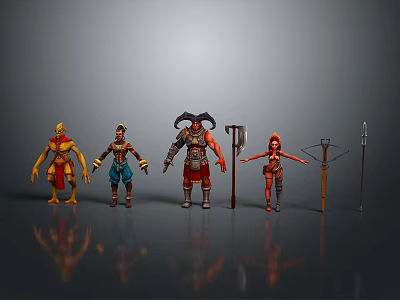Various Tribal Warrior Characters In Colorful Outfits With Horned Armor And Weapons 3d model