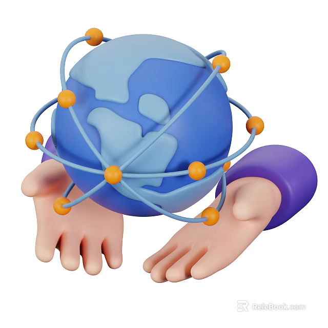 Epic Game Movie Character Hands Lifting Blue Globe With Orange Spheres And Encircling Lines 3d model 