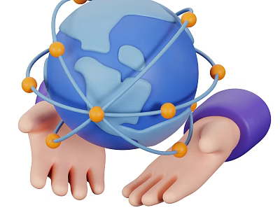 Epic Game Movie Character Hands Lifting Blue Globe With Orange Spheres And Encircling Lines 3d model