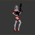 Silver Haired Woman In Black And Red Outfit With Red High Heels Holding Gun