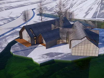 Modern Boutique Guesthouse Architecture With Unique Roof Glass Walls And Snowy Surroundings 3d model