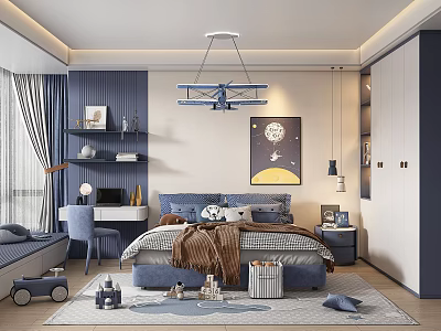Blue Kids Room Interior Design With Airplane Chandelier Moon Star Painting Bed And Desk 3d model