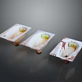 Three Modern Square Striped Plates With Green Decoration And Stand Legs For Home Living