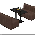 Stylish Brown Booth Sofa Dining Setup With Black Table And Wine Bottles 3d model