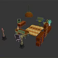 Modern Stylish Office Desk Setup With Ergonomic Chair Wooden Bookshelf And Pendant Light