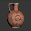 Red Pottery Vase Sculpture With Handle And Circular Carved Patterns