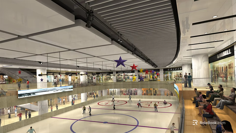 Shopping Mall Atrium With Indoor Ice Rink Star Decorations And People Skating 3d model 