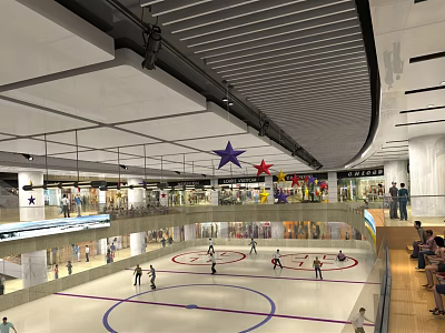 Shopping Mall Atrium With Indoor Ice Rink Star Decorations And People Skating 3d model
