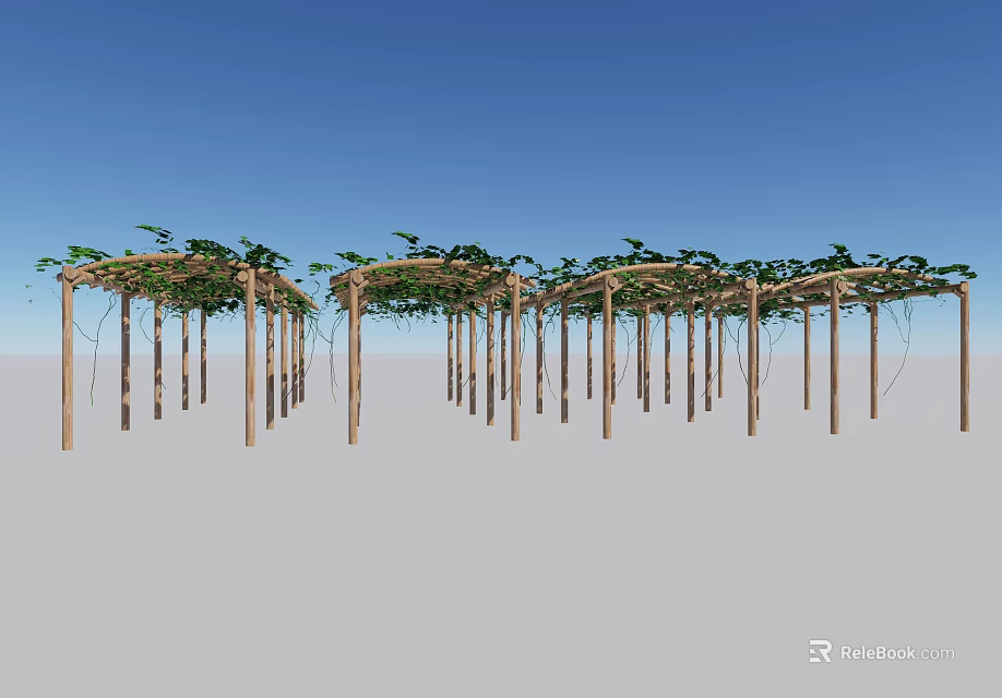 Row Of Wooden Pergolas Covered With Green Vines Under Blue Sky 3d model 