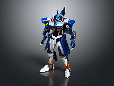 Futuristic Blue White Orange Mecha Game Movie Character With Sharp Head And Armor 3d model