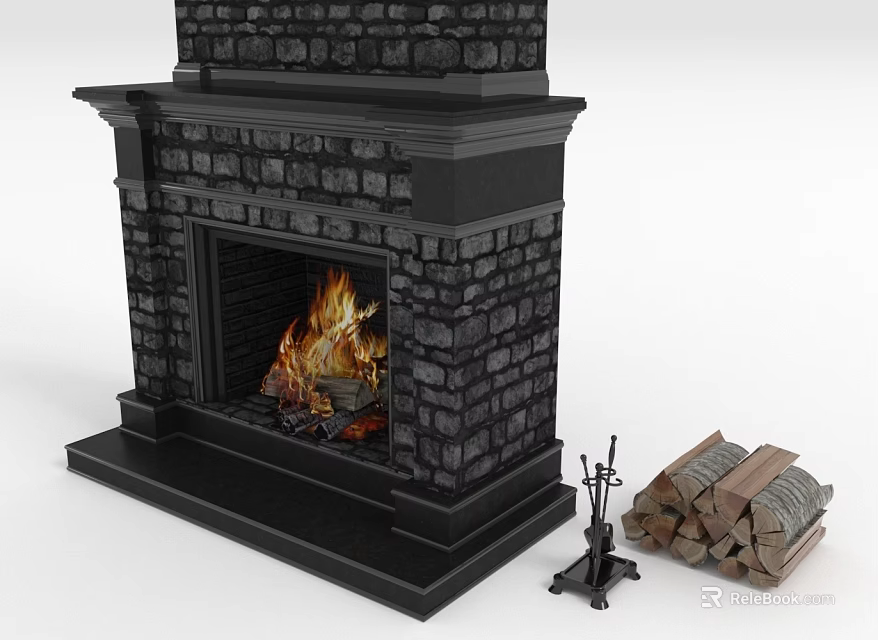 Black Stone Fireplace With Burning Fire Wood Stack And Fireplace Tools 3d model 