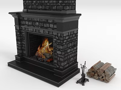 Black Stone Fireplace With Burning Fire Wood Stack And Fireplace Tools 3d model