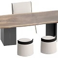 Modern Minimalist Wooden Top Tea Table with Black Legs Light Padded Chair and Round Stools