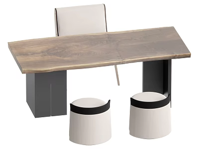 Modern Minimalist Wooden Top Tea Table with Black Legs Light Padded Chair and Round Stools 3d model