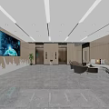 Modern Lobby Interior Design with Wooden Walls Marble Floor Sofas Large Screen and Ceiling Lights