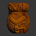 Orange Ceramic Vessel With Carved Human Face And Geometric Motifs Design