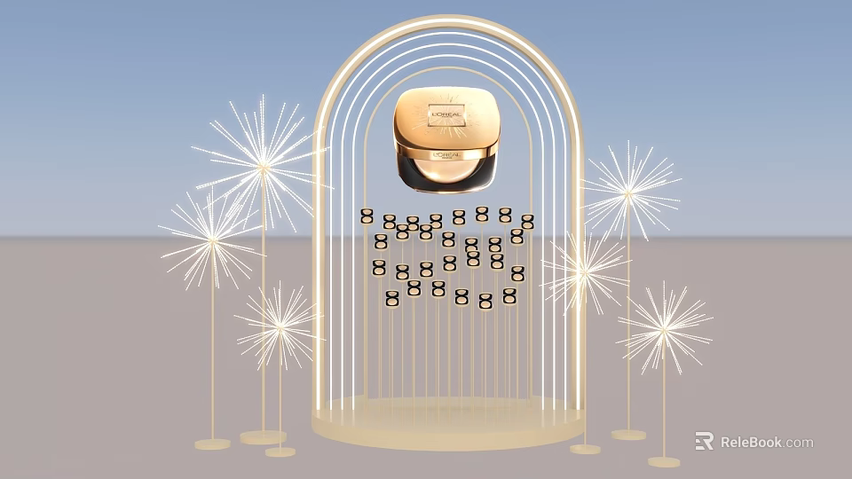 Interactive Zone With Arch Structure Golden Product Star Shaped Decorations And Black Squares 3d model 
