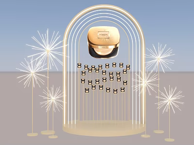 Interactive Zone With Arch Structure Golden Product Star Shaped Decorations And Black Squares 3d model