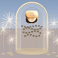 Interactive Zone With Arch Structure Golden Product Star Shaped Decorations And Black Squares