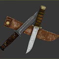 Tactical Weapon Knives Crossed On Leather Sheath With Sharp Blades And Wooden Grips
