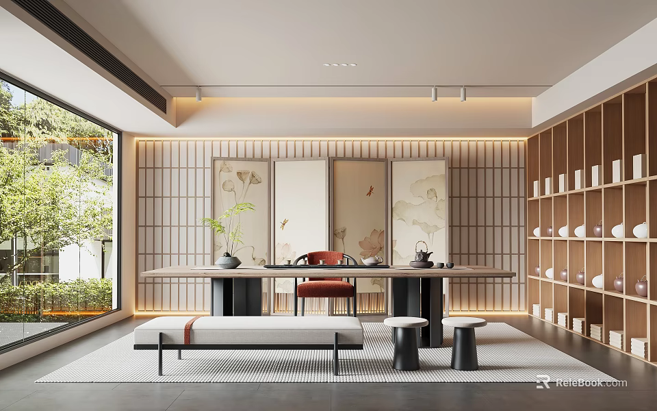 Traditional Tea Room Interior With Wooden Lattice Floral Screens Tea Sets Bench And Stools 3d model 