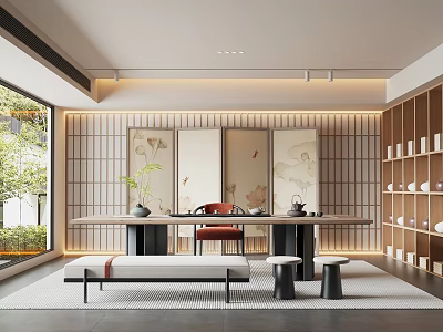 Traditional Tea Room Interior With Wooden Lattice Floral Screens Tea Sets Bench And Stools 3d model