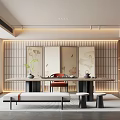 Traditional Tea Room Interior With Wooden Lattice Floral Screens Tea Sets Bench And Stools