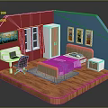 Red Blue Walls Room Interior With Wooden Bed Desk Chair And Artwork