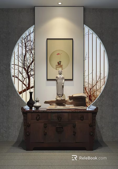 Chinese Style Console Table with Sculpture Vase Decorative Painting Circular Screen Tree Branches 3d model 
