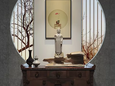 Chinese Style Console Table with Sculpture Vase Decorative Painting Circular Screen Tree Branches 3d model