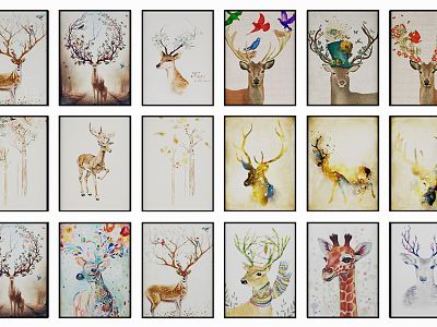 Nordic Animal Painting Deer Painting Combination model