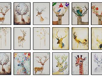 Nordic Animal Painting Deer Painting Combination 3d model