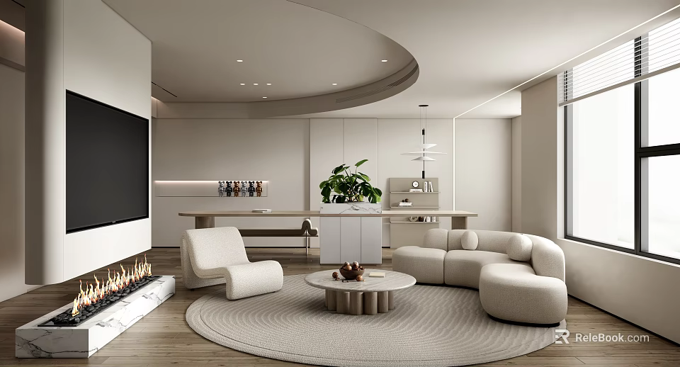 Modern Open Living Dining Room Interior With Round Coffee Table Sofa Fireplace And Green Plant 3d model 