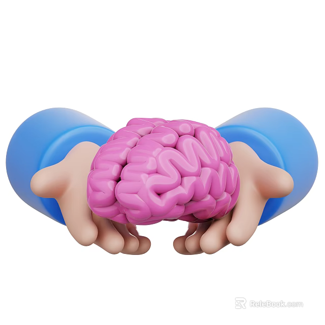 Pink Human Brain Held Gently By Two Hands With Blue Sleeves 3d model 