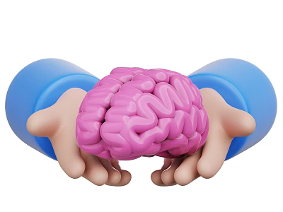 Pink Human Brain Held Gently By Two Hands With Blue Sleeves 3d model