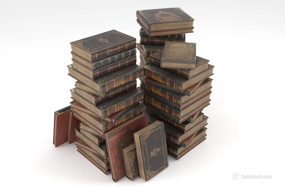 Old Stacked Books With Various Thickness Colors And Leather Covers 3d model 
