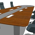 Long Modern Conference Table With Wooden Surface And Black Wheeled Office Chairs