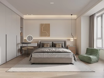 Modern Minimalist Bedroom Interior With Gray Bed Green Bean Bag Chair And Decorative Painting 3d model