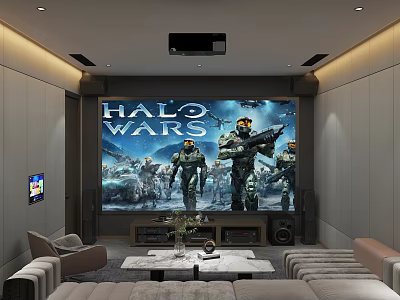 Home Theater Room Featuring Large Screen Halo Wars Game Display Comfortable Sofa And Projector Setup 3d model