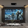 Home Theater Room Featuring Large Screen Halo Wars Game Display Comfortable Sofa And Projector Setup
