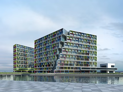 Modern Office Building Exterior With Colorful Glass Facade Waterfront And Plaza 3d model