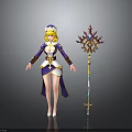Blonde Female Sorceress Character With Crown In Elegant Purple White Outfit And Intricate Gemmed Staff