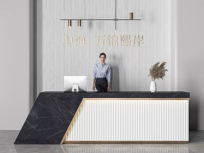 Modern Reception Desk with Black Marble Top White Striped Front Pendant Lights Computer and Receptionist 3d model