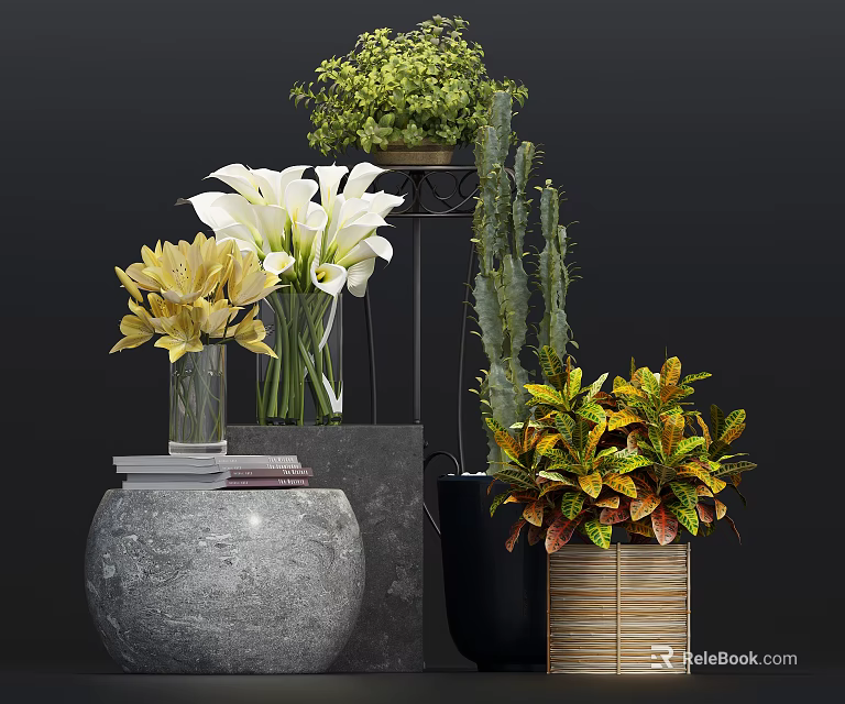Bonsai and Potted Plants Display With Greenery White Lilies Yellow Flowers And Various Pots 3d model 