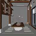 Traditional Tea Room Interior With Wooden Ceiling Beams Tatami Mats And Tea Set