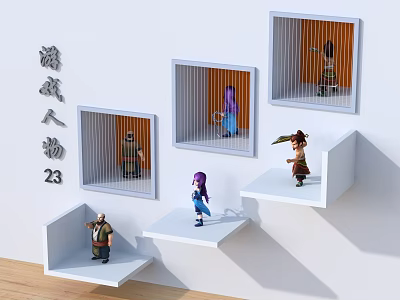 Detailed Game and Movie Character Figurines on White Tiered Display Shelves 3d model