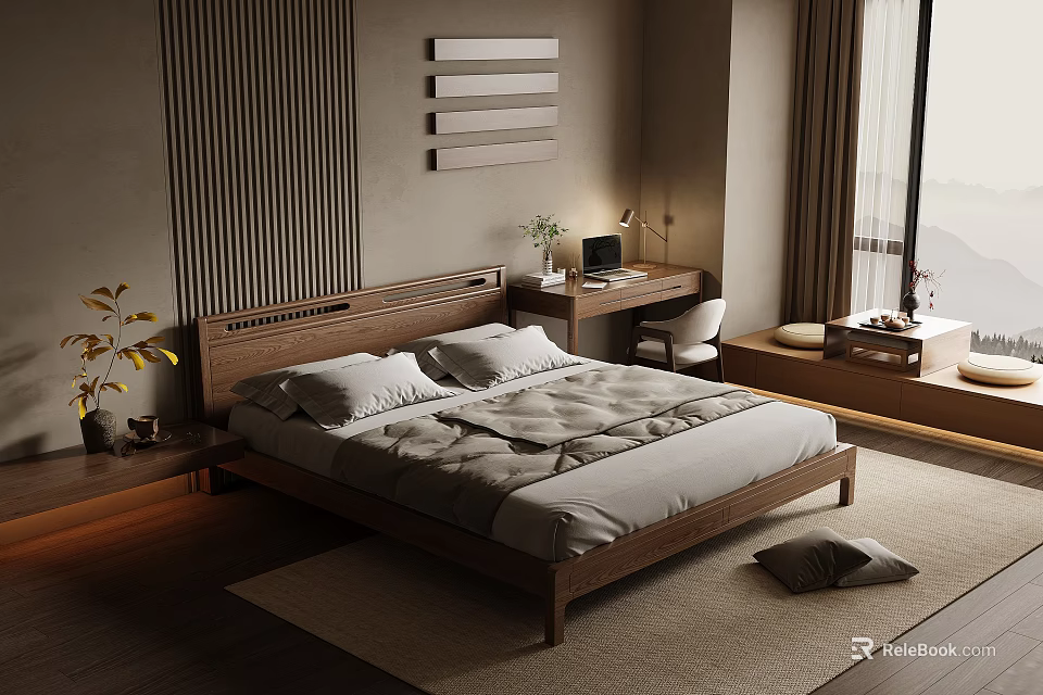 Modern Bedroom Interior With Wooden Bed Desk Window Rug Decorative Art And Plant 3d model 